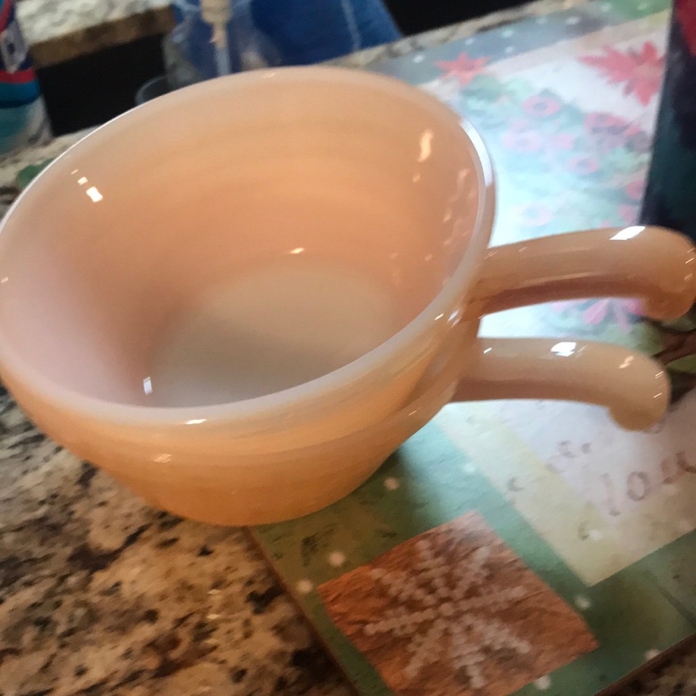 Anchor Hocking Fire King Peach Luster Iridescent Vintage Handled Soup Bowl